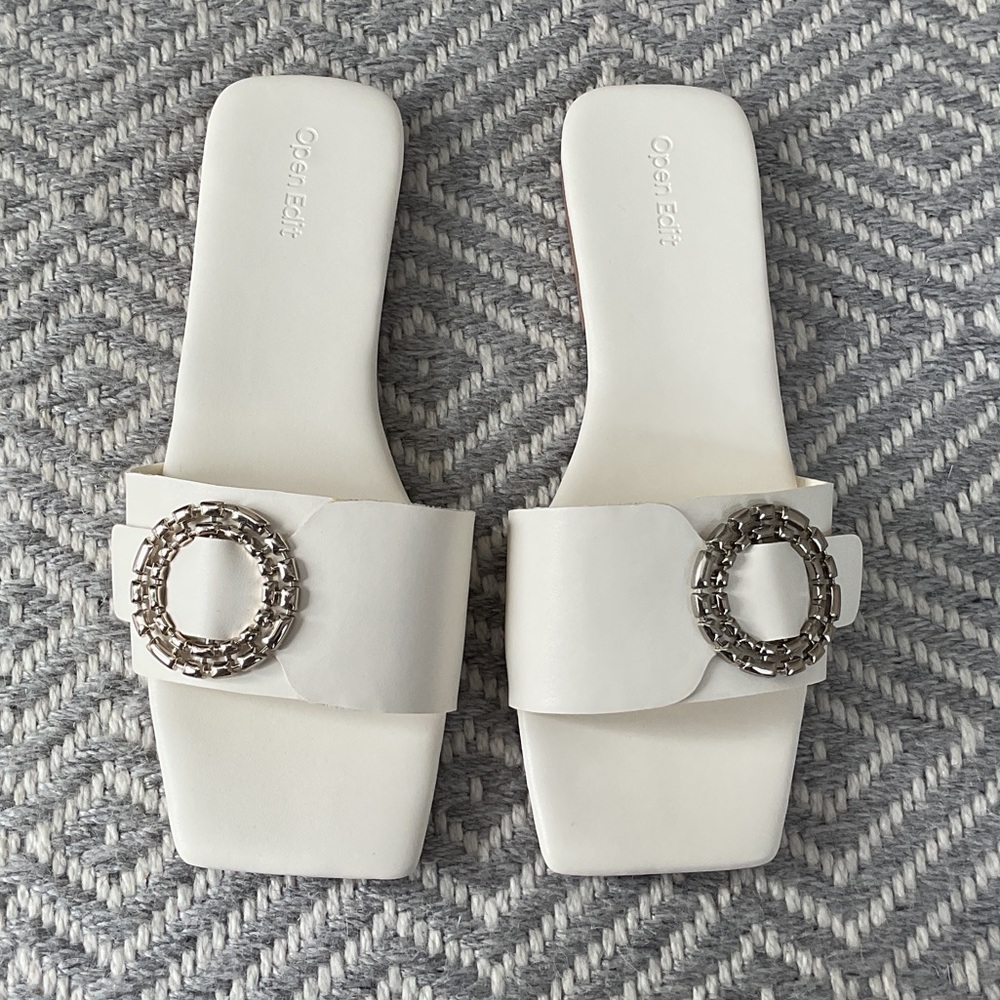 Open Edit White Slide Sandals with Silver Accent